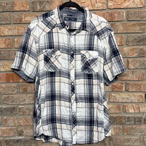 BKE Athletic Fit Shirt‎ Mens XL Blue White Plaid Pearl Snap Flap Pockets Flannel